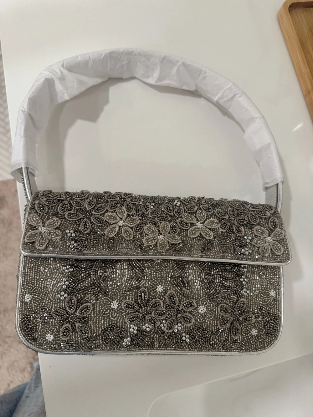 STAUD Tommy Garden Party Beaded Floral Evening Bag in Silver colorway 10x6 in